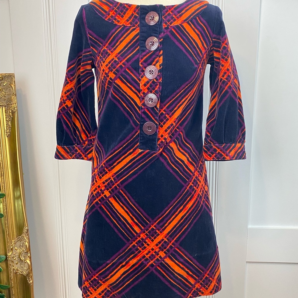 GO International Women's 3/4 Sleeve Plaid Multi Colored Corduroy Dress SZ xs